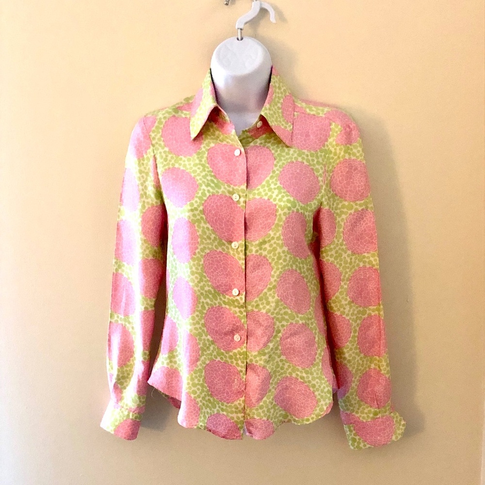 Like new Skirtin Around pink and chartreuse silk blouse, size 2